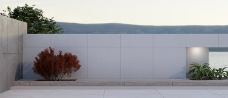 Exterior design of a modern building rooftop with an outdoor garden and cement wall. 3d render, 3d illustrationの写真素材