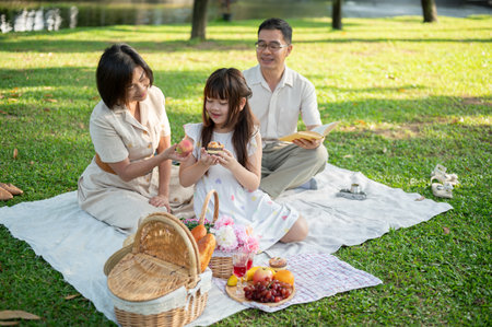 Kind and lovely Asian grandparents are enjoying a picnic in the garden with their adorable young granddaughter. Lovely family conceptの写真素材