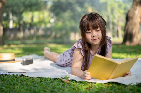 A lovely and happy young Asian girl is enjoying reading a book while lying on a picnic blanket in the green park on a bright day.の写真素材