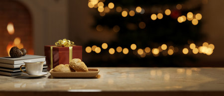 A copy space on a luxury marble tabletop with a gift box, a coffee cup, books, and a bread basket in a beautiful, cosy living room at night with a Christmas tree. 3d render, 3d illustrationの写真素材