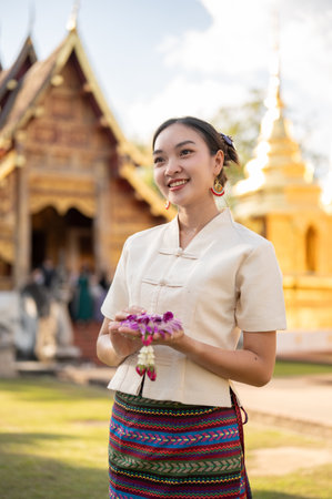 A beautiful and charming Thai woman in a traditional Thai-Lanna dress with a garland in her hand is standing in front of a beautiful chapel in a temple. Thai culture, make a merit, Buddhistの写真素材
