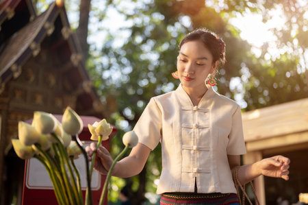 A beautiful, charming Asian woman in a traditional Thai-Lanna dress is putting a lotus flower in a bowl after making a wish at a temple. Thai culture, Buddhist, Buddhist holy dayの写真素材