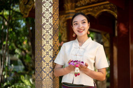 A portrait of a beautiful and smiling Thai-Asian woman in a traditional Thai-Northern dress with a garland in her hands is standing in a temple. Thai culture, Buddhist, pay respect to Buddhaの写真素材