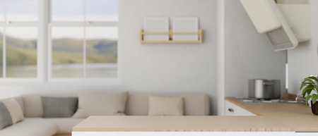 Copy space for display your product on a wooden kitchen countertop in a modern, minimalist kitchen. 3d render, 3d illustrationの写真素材