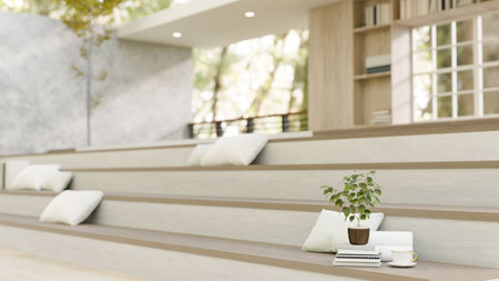Interior design of a modern, minimal spacious library or building hall with large stairs for reading and relaxing. 3d render, 3d illustrationの写真素材