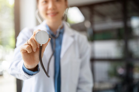 Close-up image of an experienced female doctor showing a stethoscope to the camera in a hospital. Health care and medical conceptsの写真素材