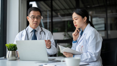 Young beautiful female doctor is asking for advice from a professional and experienced senior male doctor in the office room, brainstorming and consulting on a medical case.の写真素材