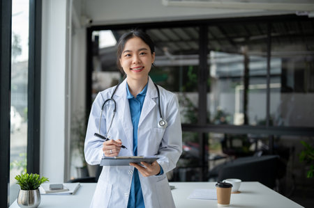 An attractive young Asian female doctor is checking medical cases on a clipboard while standing in her office at the hospital.の写真素材