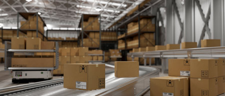 Retail shipping warehouse with cardboard boxes on a conveyor. A modern cargo freight transportation industry. 3d render, 3d illustrationの写真素材