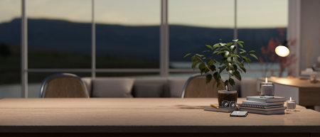 Empty space on a dining table in a minimal Scandinavian kitchen with kitchen appliances. 3d render, 3d illustrationの写真素材