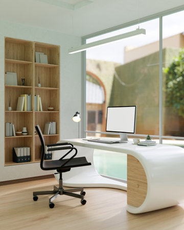 Interior design of a modern private office room or home office with a computer monitor mockup on a...