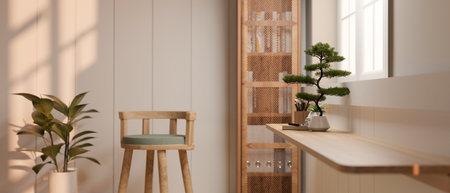 Close-up side view image of a space on a wooden board against the wall in a cosy Scandinavian living...