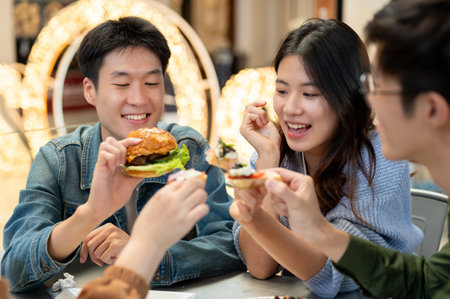 Group of cheerful and joyful young Asian friends enjoying eating food together at a restaurant,...