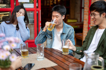 Group of happy and overjoyed young Asian friends are enjoying talking, laughing and drinking beers while hanging out at a restaurant or a bar in the city together. Lifestyle and friendship conceptsの写真素材