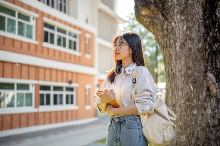 A portrait of a beautiful and positive young Asian female college student in casual clothes and backpack in a campus garden. university student, academic, campus, high school, collegeの写真素材