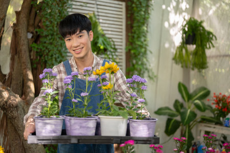 A portrait of a handsome, positive young Asian man small flower shop owner is holding potted plants in his small garden. florist, gardener, flower shop worker, entrepreneurの写真素材