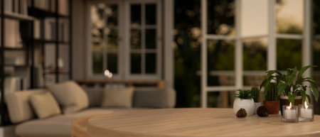 Close-up image of copy space on a wooden desk with potted plants and candles in a cosy living room at night. 3d render, 3d illustrationの写真素材