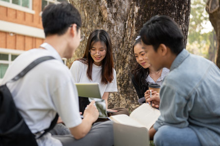 A group of happy young teen Asian students are talking and doing homework while sitting on the grass...