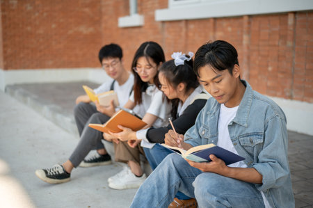 A happy young Asian man college student in jeans outfit sits on a footpath on his campus with his friends and reads a book. Education and friendship conceptsの写真素材