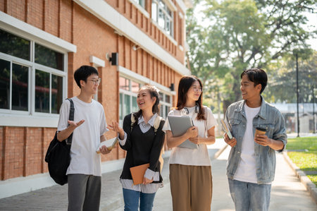 Group of diverse cheerful young Asian students friends are enjoying talking while walking on a footpath on their campus together. Friendship and education conceptsの写真素材
