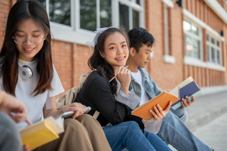 A positive, cute young Asian female college student sits on a footpath with her friends, relaxing after classes. Education and friendship conceptsの写真素材