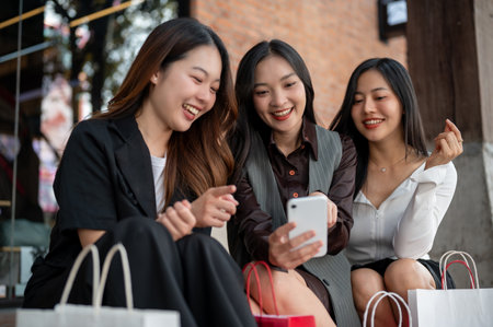 Group of happy beautiful young Asian girls are enjoying chit chat while resting on the stairs after shopping in the city together. Lifestyle, city life, fashionの写真素材