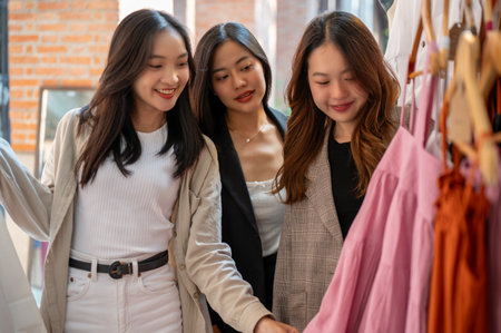 Group of attractive young Asian female friends are enjoying shopping clothes in the city together. Fashion and lifestyle conceptsの写真素材