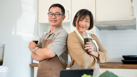 A happy Asian wife and husband are enjoying healthy green smoothie in the kitchen together. Adult couples, domestic life, healthy lifestyleの写真素材