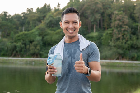 A happy, strong and fit Asian man in sportswear is showing his thumb up and drinking a protein shake...