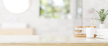 Luxury bathroom tabletop with toiletries set and copy space for displaying your product mockup over a blurred background of a modern white bathroom. 3d render, 3d illustrationの写真素材