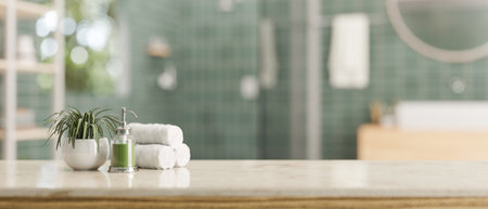 Copy space for displaying your product on a luxury white tabletop with a blurred background of a modern green bathroom. 3d render, 3d illustrationの写真素材