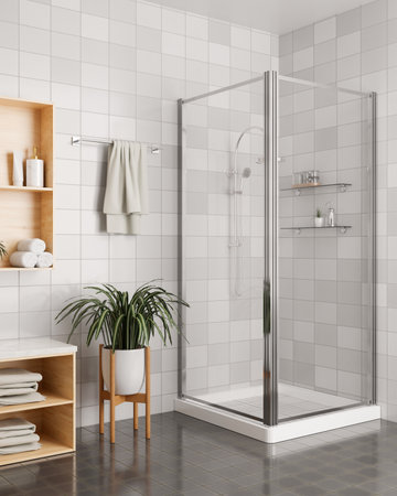 Interior design of a modern, minimal bathroom with a shower room, a towel on a rack, a houseplant, and a sink and a wall cabinet. 3d render, 3d illustrationの写真素材