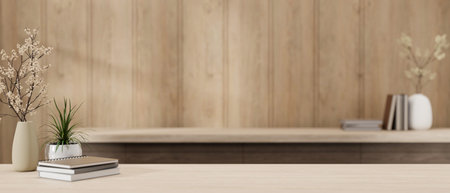 Copy space for displaying your product on a wooden tabletop in a cosy Scandinavian room. workspace, blurred background. 3d render, 3d illustrationの写真素材