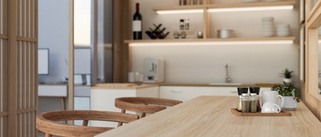 Close-up image of a hardwood dining table in a beautiful modern home dining room. side view, 3d...