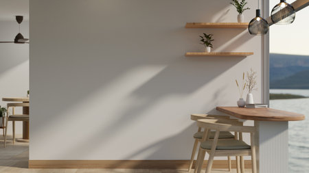 Side view image of a modern, minimal cafe or restaurant with a minimal dining table near the large...