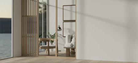 Interior design of a modern, minimal white-furnished living room with an empty white wall and a parquet floor. 3d render, 3d illustrationの写真素材