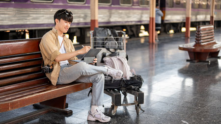 A happy, handsome Asian man is using his digital tablet on a bench while waiting for his train at a railway station. Lifestyle, commuter, public transportationの写真素材