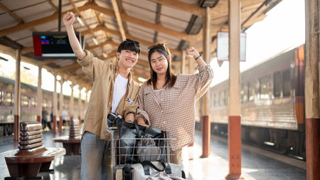 Cute and happy young Asian couple are excited for their summer vacation, walking down the platform with a cart, commuting by a train at a railway station. People and transportation conceptsの写真素材