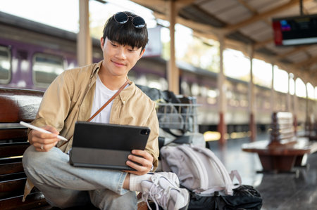 A happy, handsome Asian man is using his digital tablet on a bench while waiting for his train at a railway station. Lifestyle, commuter, public transportationの写真素材