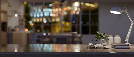 Copy space for displaying your product on a study table or working desk in a modern dark living room at night. 3d render, 3d illustrationの写真素材