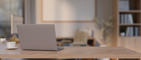 Back view image of a laptop computer on a wooden table in a modern, minimal office. Workspace concept. 3d render, 3d illustrationの写真素材