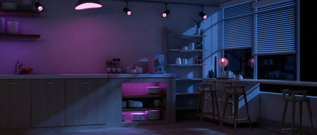 Interior design of a modern spacious dark kitchen at night with RGB neon light, cooking space, and a dining table near the window. 3d render, 3d illustrationの写真素材