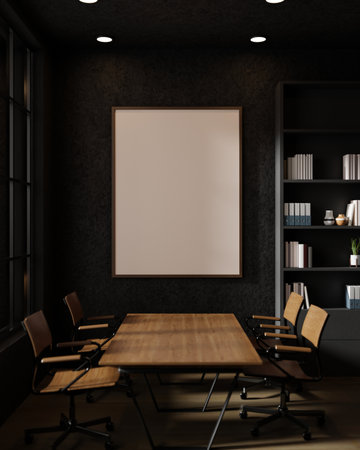 Front view image of a large empty picture frame mockup on a black wall in a modern meeting room. 3d render, 3d illustrationの写真素材