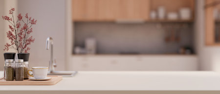 A copy space for displaying your product on a modern, white kitchen island with a sink, a coffee...