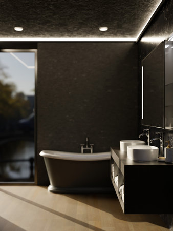 A modern, luxurious black bathroom with a bathtub, double vanity sink, a mirror, parquet floor, a large window, and black walls. 3d render, 3d illustrationの写真素材