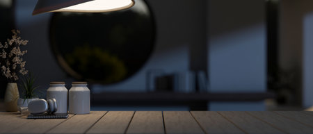A space for displaying your product, a headphone, a book, and decor on a wooden plank table in a modern dark room at night, illuminated by dim light from a lamp. 3d render, 3d illustrationの写真素材
