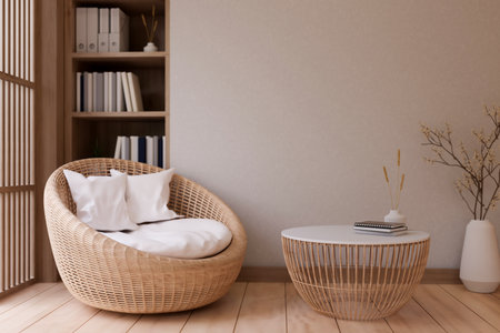 Interior design of a modern, Scandinavian living room with a cozy wicker armchair, a coffee table, a shelf, and parquet floor. 3d render, 3d illustrationの写真素材