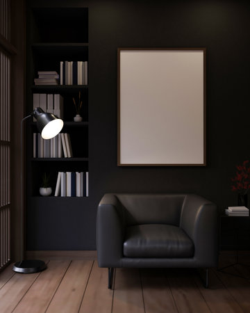 Interior design of a modern black living room with a black leather armchair, a floor lamp, a frame mockup attached to the black wall, and parquet floor. 3d render, 3d illustrationの写真素材