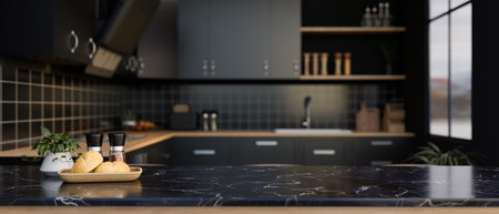 A space for displaying your product on a luxury black marble kitchen countertop in a modern black kitchen with kitchen appliances. 3d render, 3d illustrationの写真素材