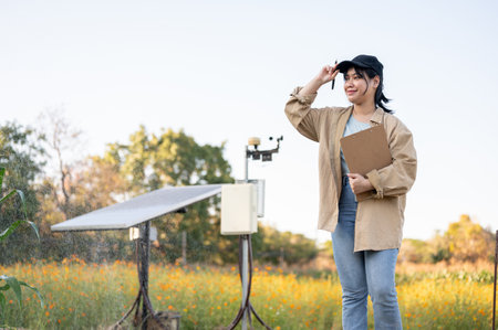 A young satisfied Asian female flower farm owner or agronomist stands in her smart flower farm with a solar cell system in the farm. smart agricultural conceptの写真素材